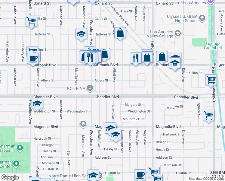 map of restaurants, bars, coffee shops, grocery stores, and more near 5393 Allott Avenue in Los Angeles