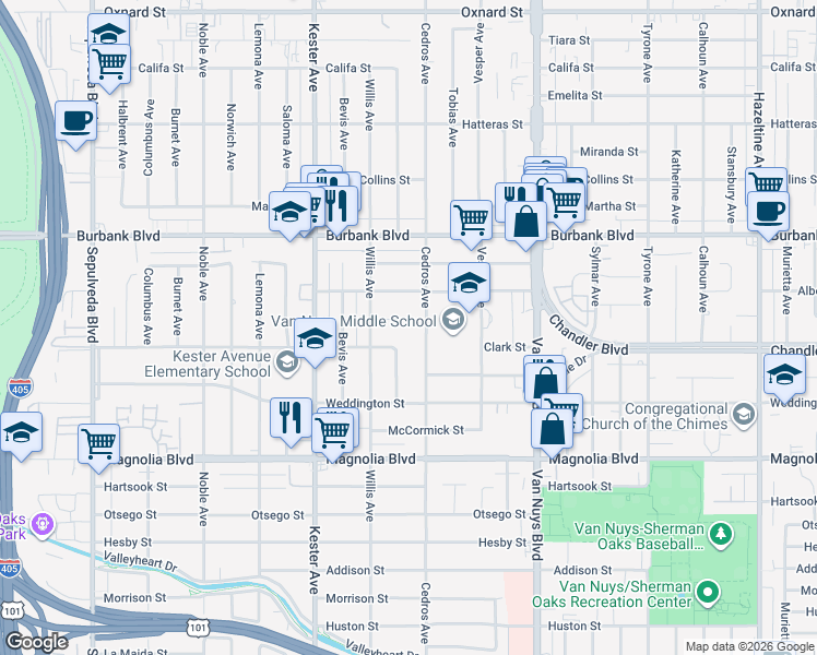 map of restaurants, bars, coffee shops, grocery stores, and more near 14716 Cumpston Street in Los Angeles