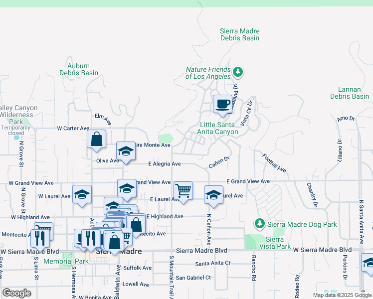 map of restaurants, bars, coffee shops, grocery stores, and more near 273 East Alegria Avenue in Sierra Madre