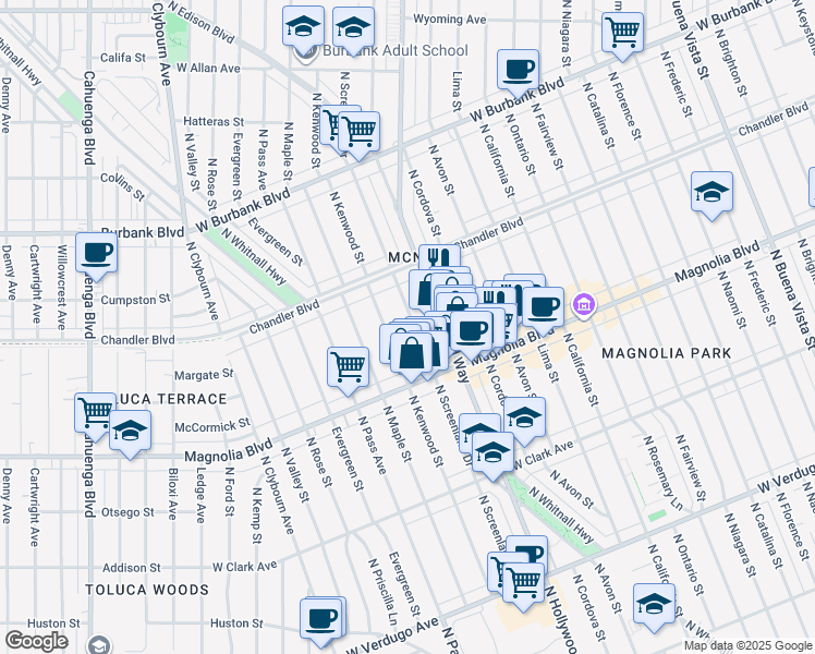 map of restaurants, bars, coffee shops, grocery stores, and more near 1049 North Screenland Drive in Burbank