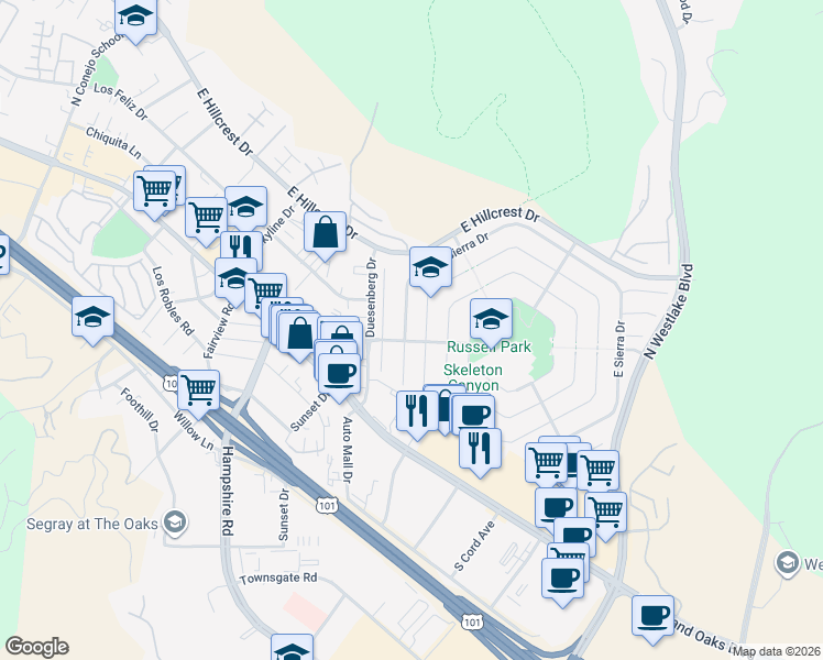 map of restaurants, bars, coffee shops, grocery stores, and more near 3287 West Sierra Drive in Thousand Oaks