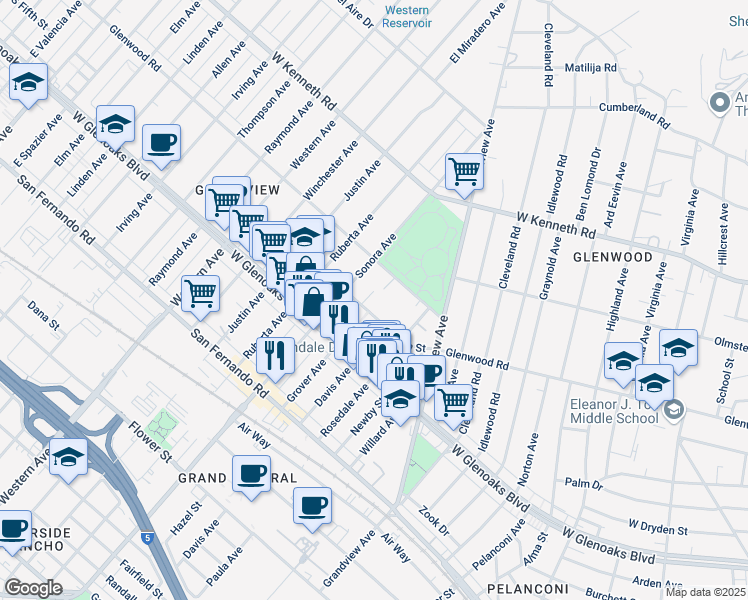 map of restaurants, bars, coffee shops, grocery stores, and more near 1413 5th Street in Glendale