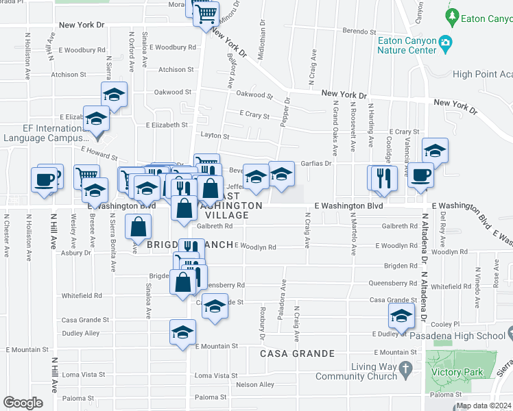 map of restaurants, bars, coffee shops, grocery stores, and more near 2018 East Washington Boulevard in Pasadena