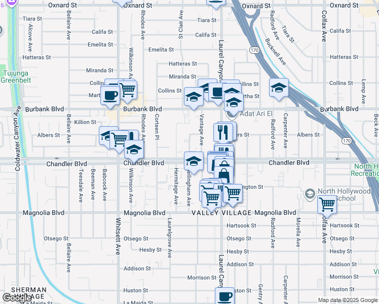 map of restaurants, bars, coffee shops, grocery stores, and more near 5430 Bellingham Avenue in Los Angeles