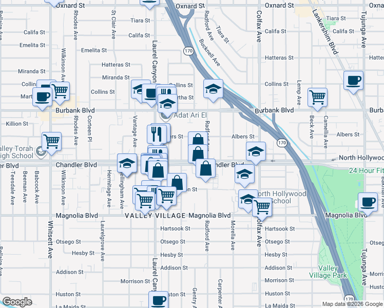 map of restaurants, bars, coffee shops, grocery stores, and more near 11936 Chandler Boulevard in Los Angeles