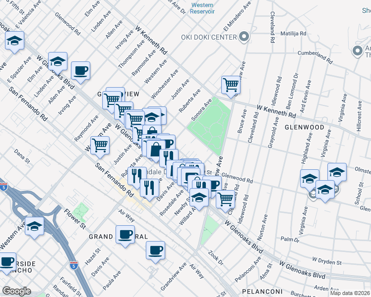 map of restaurants, bars, coffee shops, grocery stores, and more near 1413 5th Street in Glendale