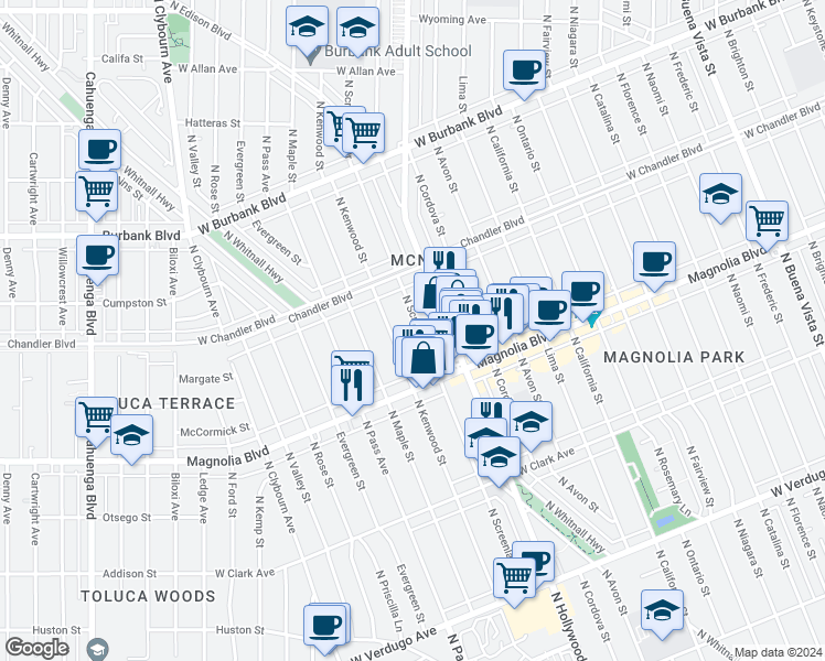 map of restaurants, bars, coffee shops, grocery stores, and more near 1049 North Screenland Drive in Burbank