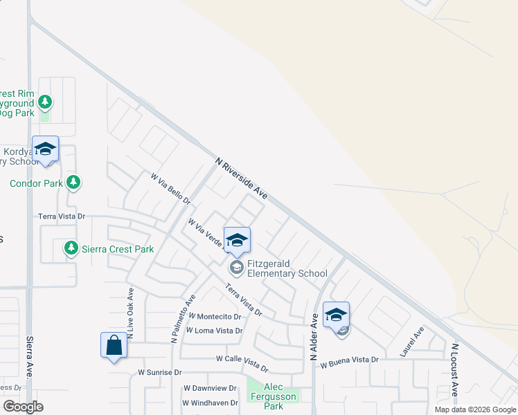 map of restaurants, bars, coffee shops, grocery stores, and more near 2411 West Sunnyview Drive in Rialto