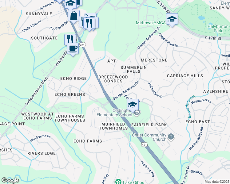 map of restaurants, bars, coffee shops, grocery stores, and more near 4164 Breezewood Drive in Wilmington