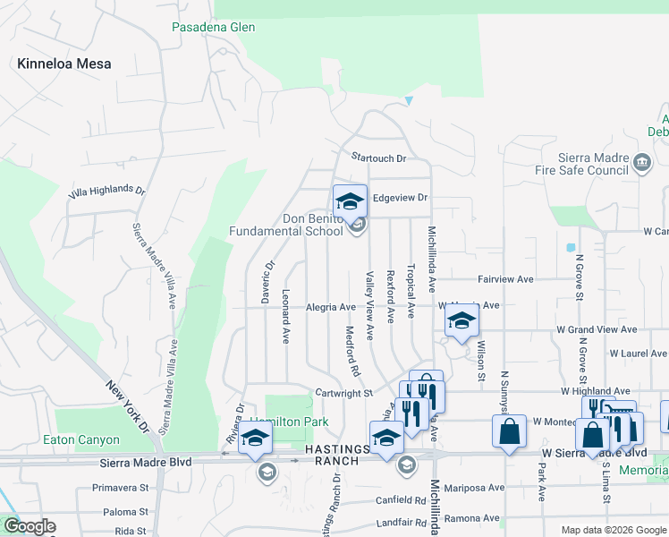 map of restaurants, bars, coffee shops, grocery stores, and more near 1320 Hastings Ranch Drive in Pasadena