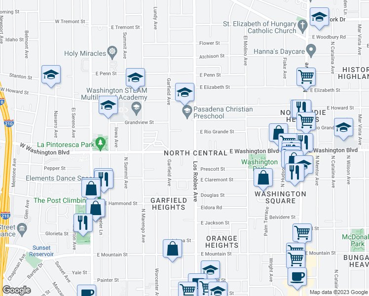 map of restaurants, bars, coffee shops, grocery stores, and more near 385 East Washington Boulevard in Pasadena