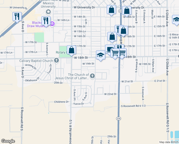 map of restaurants, bars, coffee shops, grocery stores, and more near 1930 South Avenue G in Portales