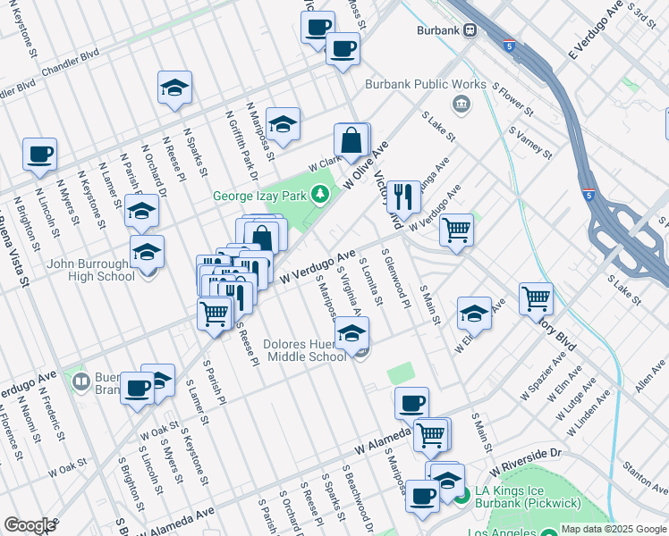 map of restaurants, bars, coffee shops, grocery stores, and more near 205 South Virginia Avenue in Burbank