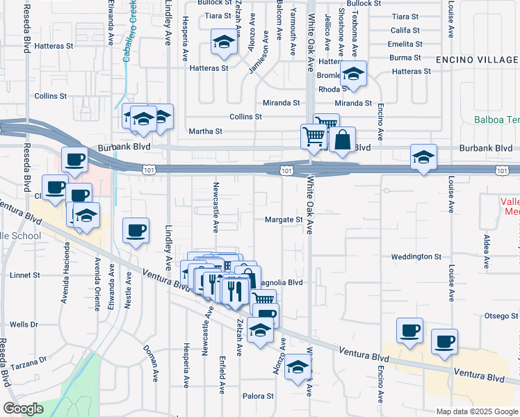 map of restaurants, bars, coffee shops, grocery stores, and more near 5416 Zelzah Avenue in Los Angeles