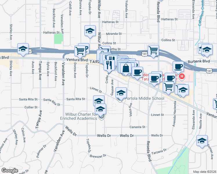 map of restaurants, bars, coffee shops, grocery stores, and more near 5406 Crebs Avenue in Los Angeles