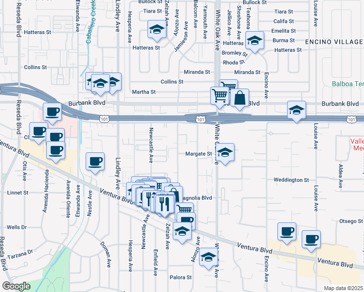 map of restaurants, bars, coffee shops, grocery stores, and more near 5416 Zelzah Avenue in Los Angeles