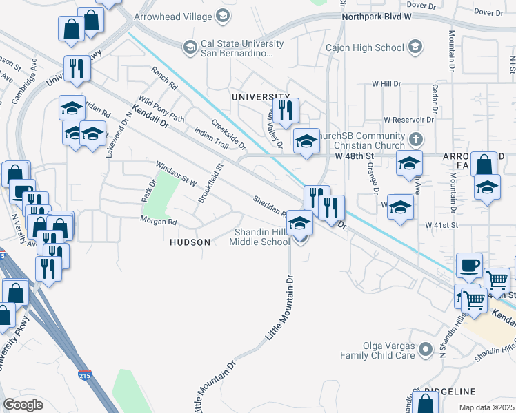 map of restaurants, bars, coffee shops, grocery stores, and more near 1439 Sheridan Road in San Bernardino