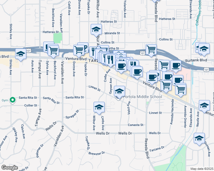 map of restaurants, bars, coffee shops, grocery stores, and more near 5406 Crebs Avenue in Los Angeles