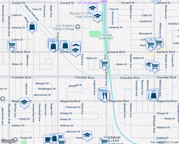 map of restaurants, bars, coffee shops, grocery stores, and more near 13079 Chandler Boulevard in Los Angeles