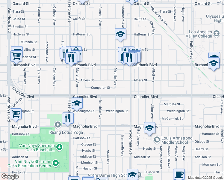 map of restaurants, bars, coffee shops, grocery stores, and more near 13812 Cumpston Street in Los Angeles