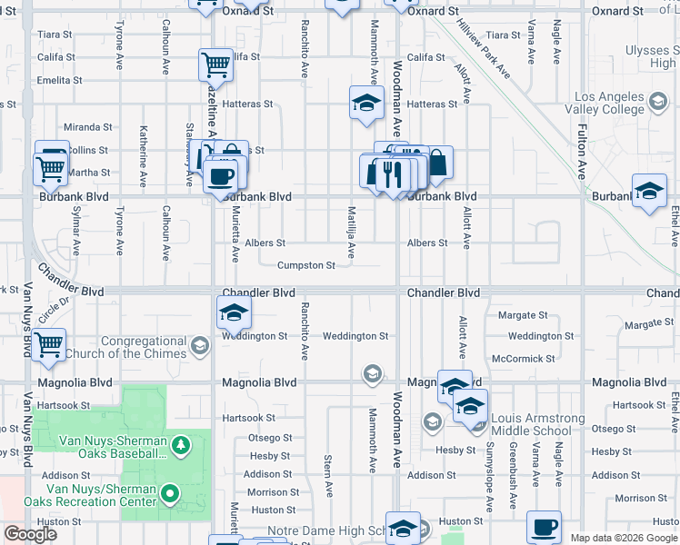 map of restaurants, bars, coffee shops, grocery stores, and more near 13825 Chandler Boulevard in Los Angeles
