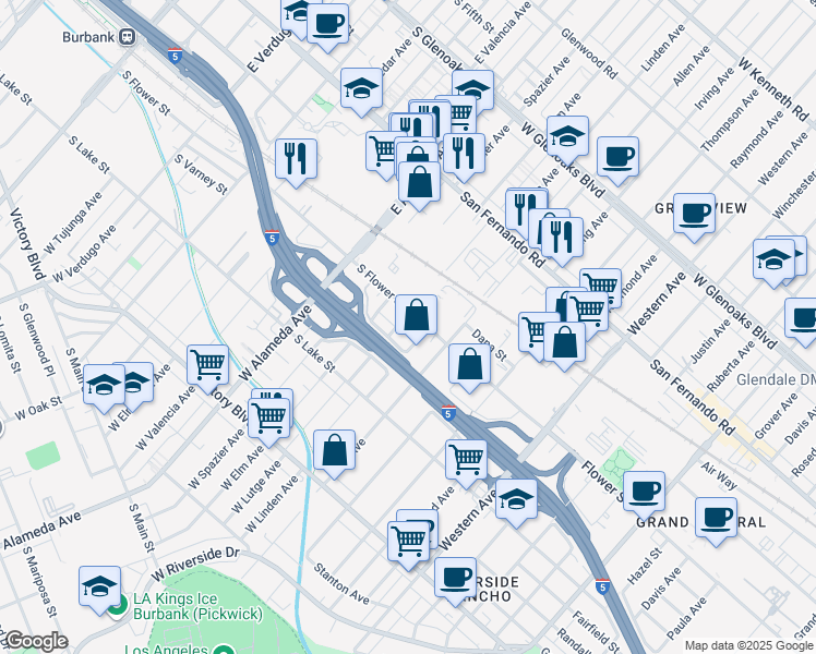 map of restaurants, bars, coffee shops, grocery stores, and more near 122 West Linden Court in Burbank
