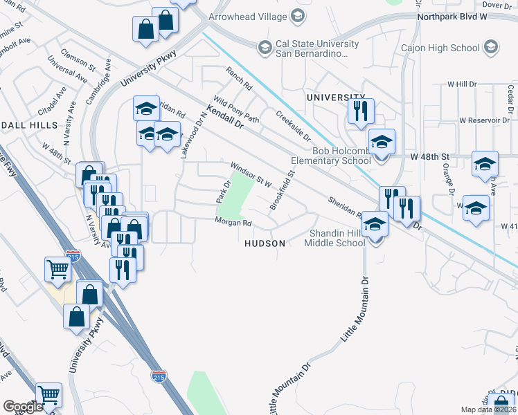map of restaurants, bars, coffee shops, grocery stores, and more near 1548 Teton Street in San Bernardino