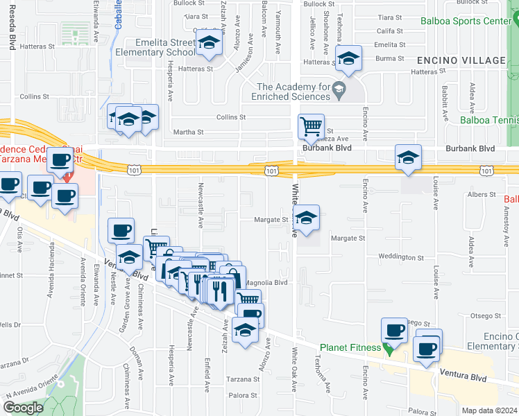 map of restaurants, bars, coffee shops, grocery stores, and more near 5441 Yarmouth Avenue in Los Angeles
