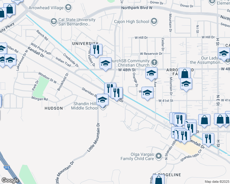 map of restaurants, bars, coffee shops, grocery stores, and more near 4575 Little Mountain Drive in San Bernardino