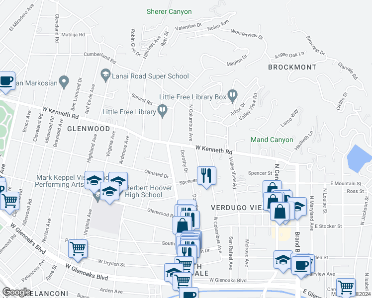 map of restaurants, bars, coffee shops, grocery stores, and more near 418 West Kenneth Road in Glendale