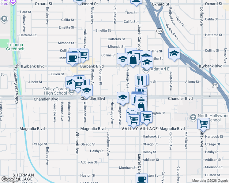 map of restaurants, bars, coffee shops, grocery stores, and more near 12227 Chandler Boulevard in Los Angeles
