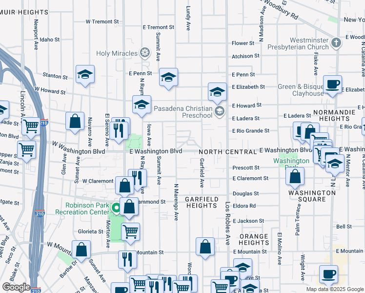 map of restaurants, bars, coffee shops, grocery stores, and more near 1318 North Marengo Avenue in Pasadena