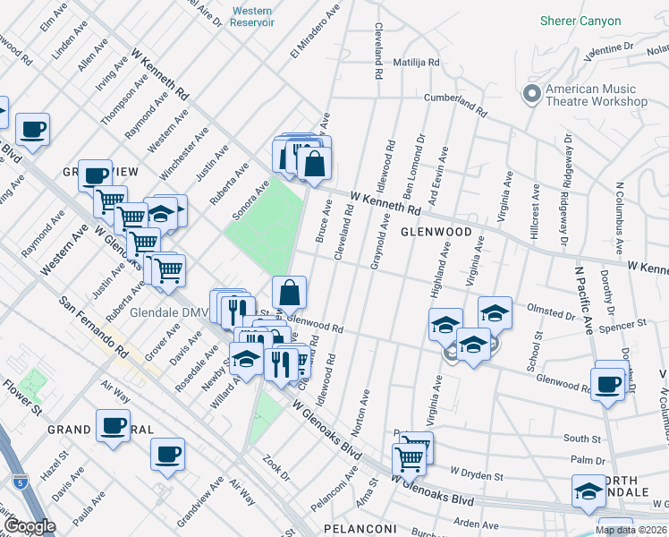 map of restaurants, bars, coffee shops, grocery stores, and more near 1342 Cleveland Road in Glendale