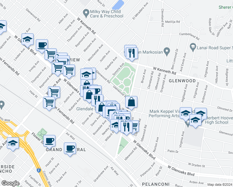 map of restaurants, bars, coffee shops, grocery stores, and more near 1335 5th Street in Glendale