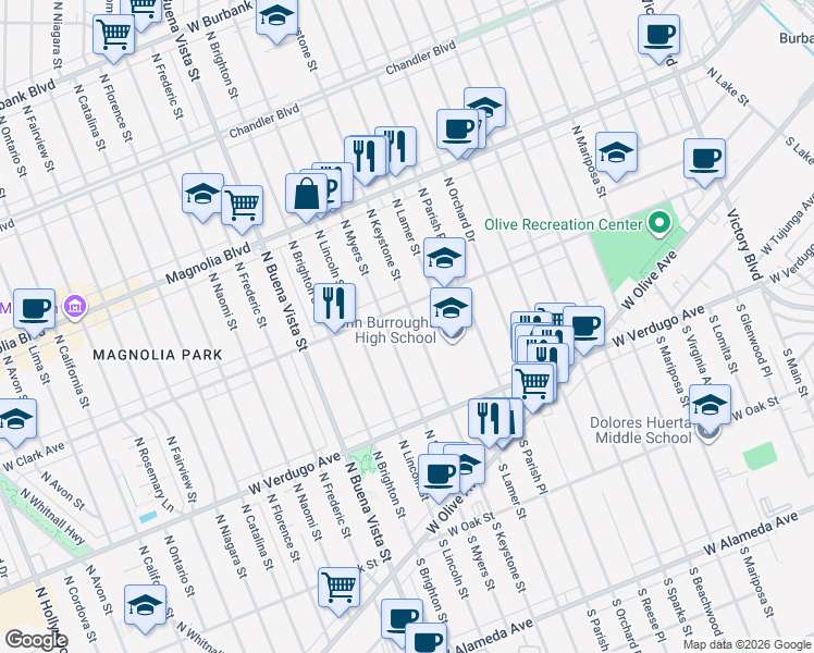 map of restaurants, bars, coffee shops, grocery stores, and more near 412 North Myers Street in Burbank