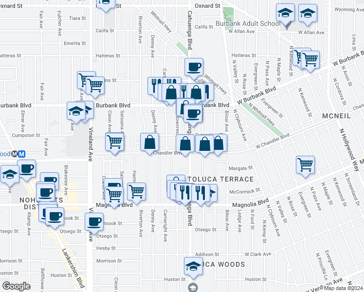 map of restaurants, bars, coffee shops, grocery stores, and more near 5333 Cahuenga Boulevard in Los Angeles