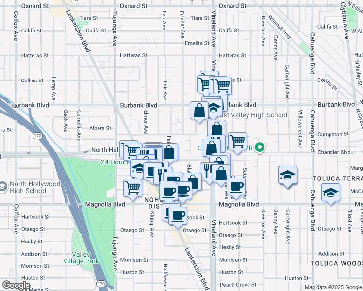map of restaurants, bars, coffee shops, grocery stores, and more near 11101 Chandler Boulevard in Los Angeles