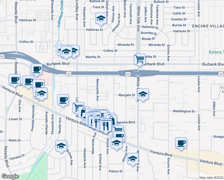 map of restaurants, bars, coffee shops, grocery stores, and more near 5401 Zelzah Avenue in Los Angeles