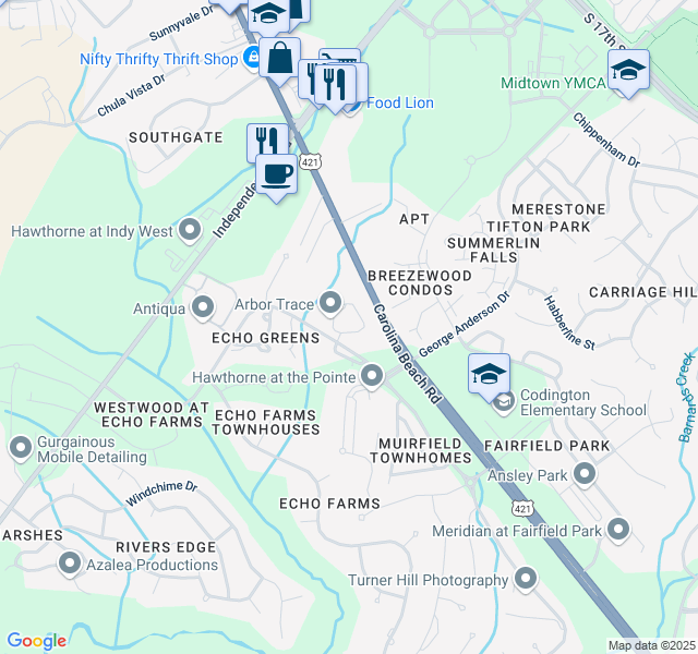 map of restaurants, bars, coffee shops, grocery stores, and more near 2406 Salinger Court in Wilmington