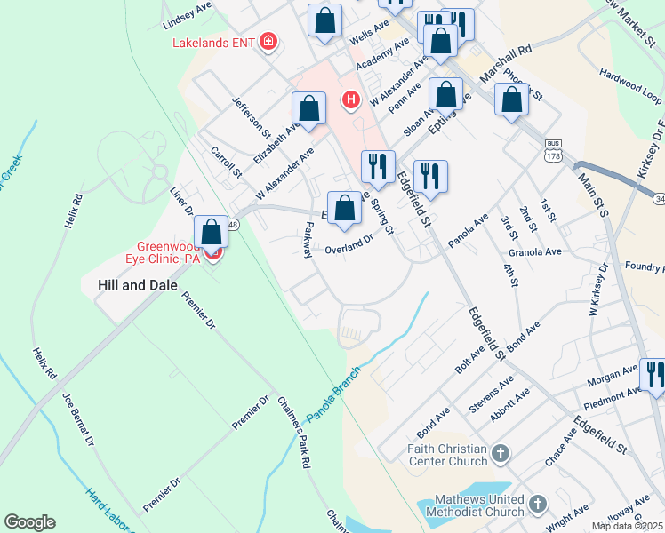 map of restaurants, bars, coffee shops, grocery stores, and more near 1493-1519 Parkway Road in Greenwood