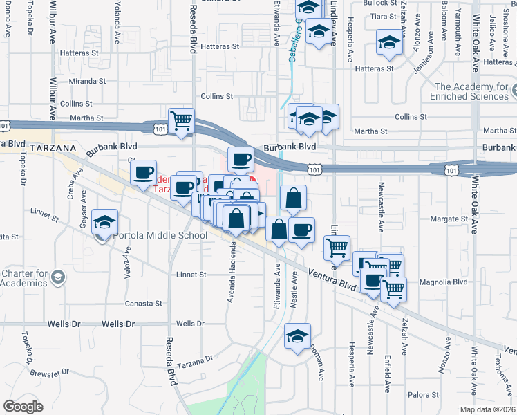 map of restaurants, bars, coffee shops, grocery stores, and more near in Los Angeles