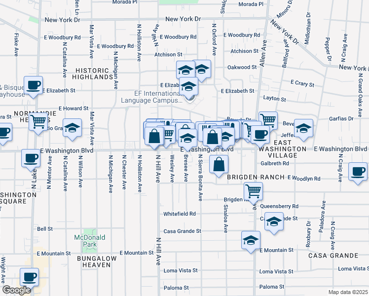 map of restaurants, bars, coffee shops, grocery stores, and more near 1517 East Washington Boulevard in Pasadena
