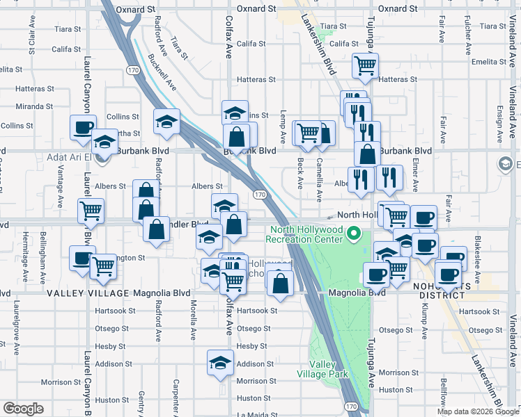 map of restaurants, bars, coffee shops, grocery stores, and more near 11644 Chandler Boulevard in Los Angeles