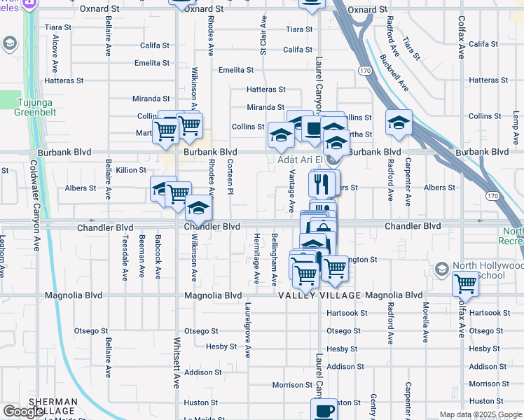 map of restaurants, bars, coffee shops, grocery stores, and more near 12227 Chandler Boulevard in Los Angeles