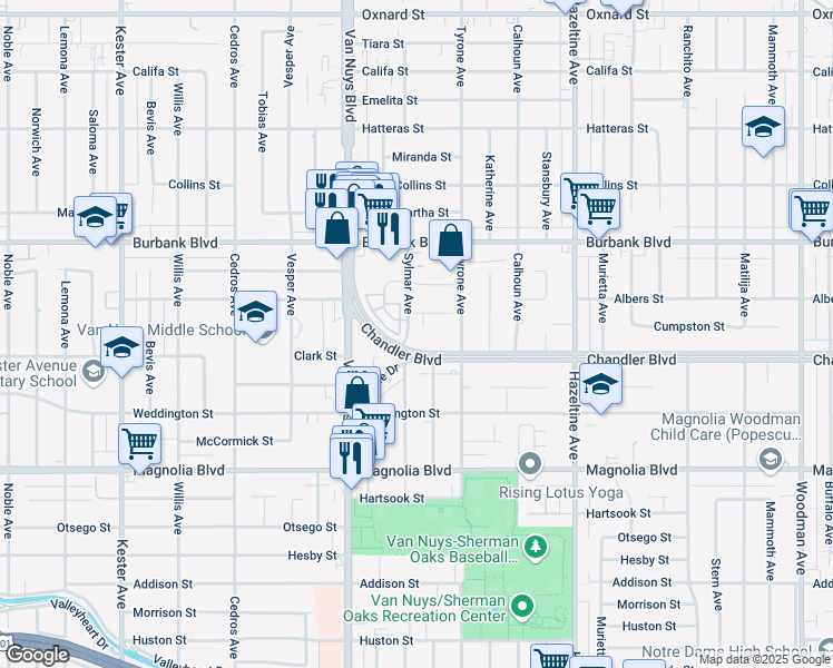 map of restaurants, bars, coffee shops, grocery stores, and more near 5420 Sylmar Avenue in Los Angeles