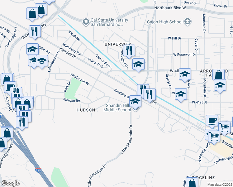 map of restaurants, bars, coffee shops, grocery stores, and more near 1439 Sheridan Road in San Bernardino
