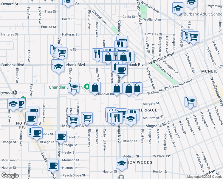 map of restaurants, bars, coffee shops, grocery stores, and more near 5423 Willow Crest Avenue in Los Angeles