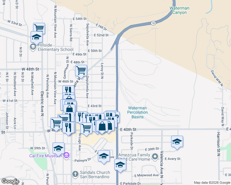 map of restaurants, bars, coffee shops, grocery stores, and more near 291 East 44th Street in San Bernardino
