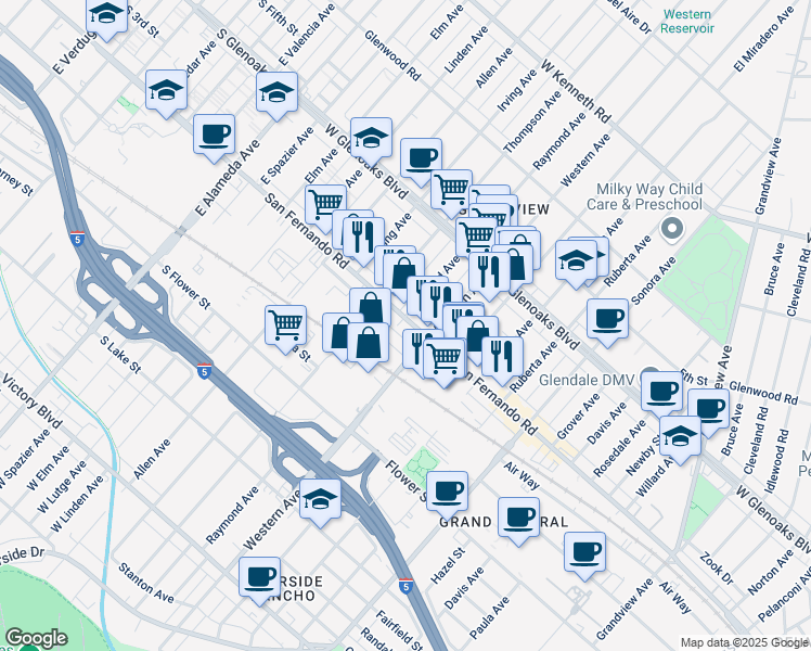 map of restaurants, bars, coffee shops, grocery stores, and more near 6623 San Fernando Road in Glendale