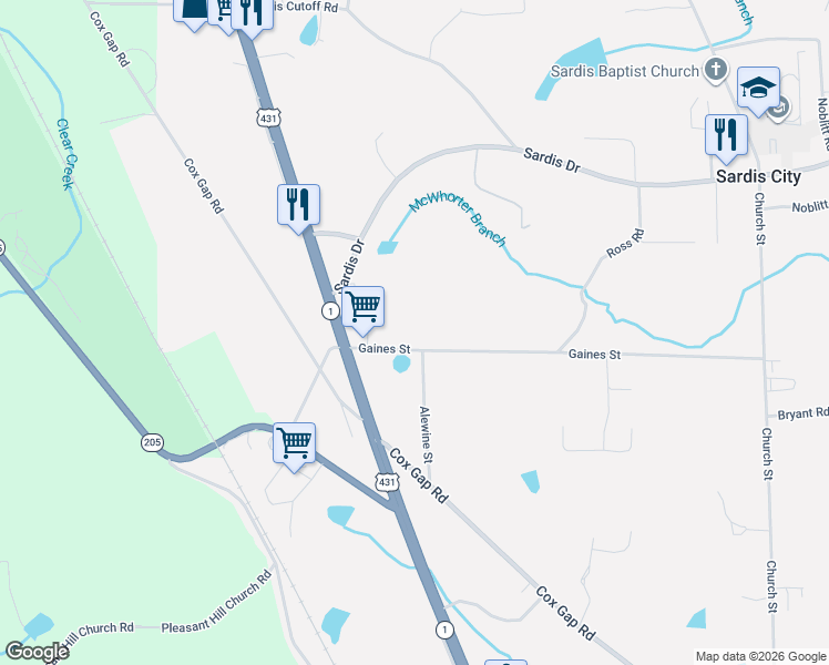 map of restaurants, bars, coffee shops, grocery stores, and more near 61 Gaines Street in Boaz